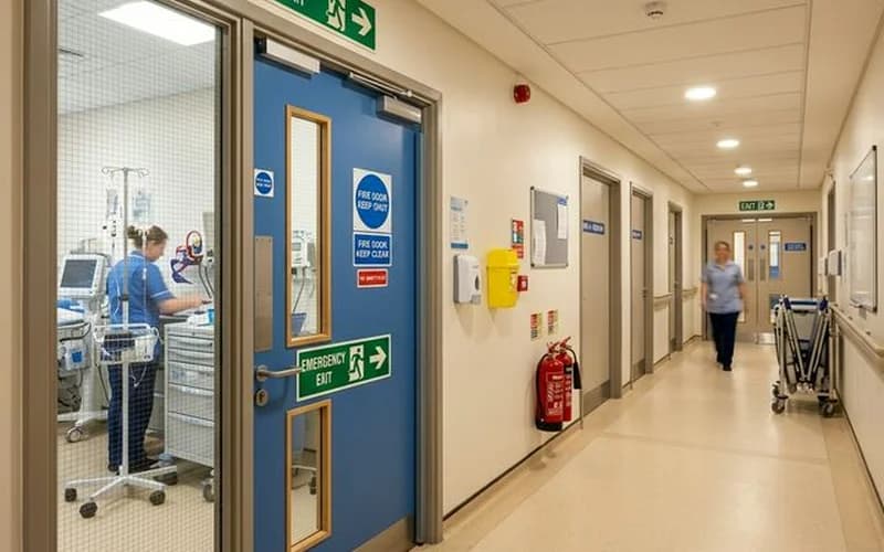Fire door inspection for hospitals — UK hospital corridor with fire doors