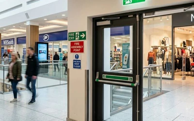 Fire door inspection for retail — UK shopping centre fire exit doors
