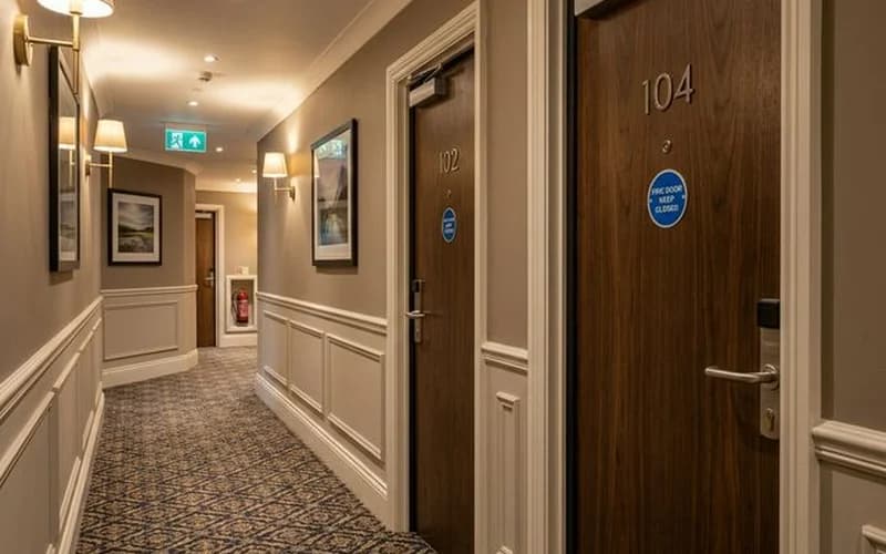 Fire door inspection for hotels — UK hotel corridor with fire-rated doors