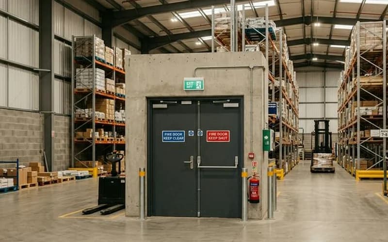 Fire door inspection for industrial buildings — UK warehouse with fire-rated doors