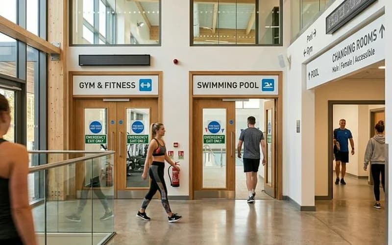 Fire door inspection for leisure facilities — UK leisure centre interior