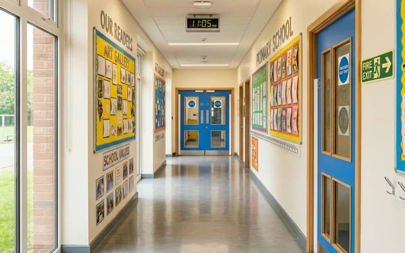 Fire door inspection for schools — UK school corridor with fire doors