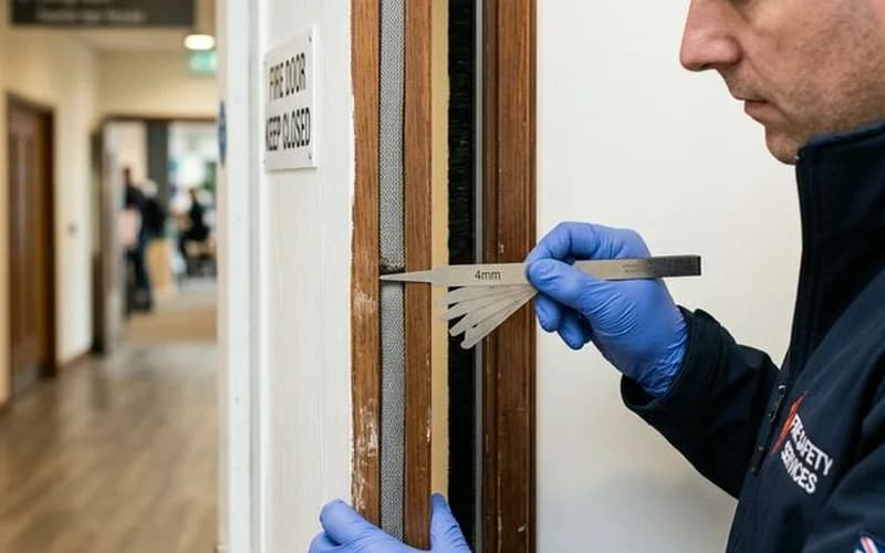 Fire door inspection — professional inspector examining door gaps and seals