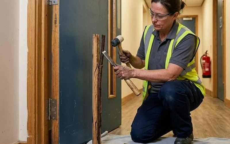 Fire door remediation — technician replacing intumescent strips on a fire door