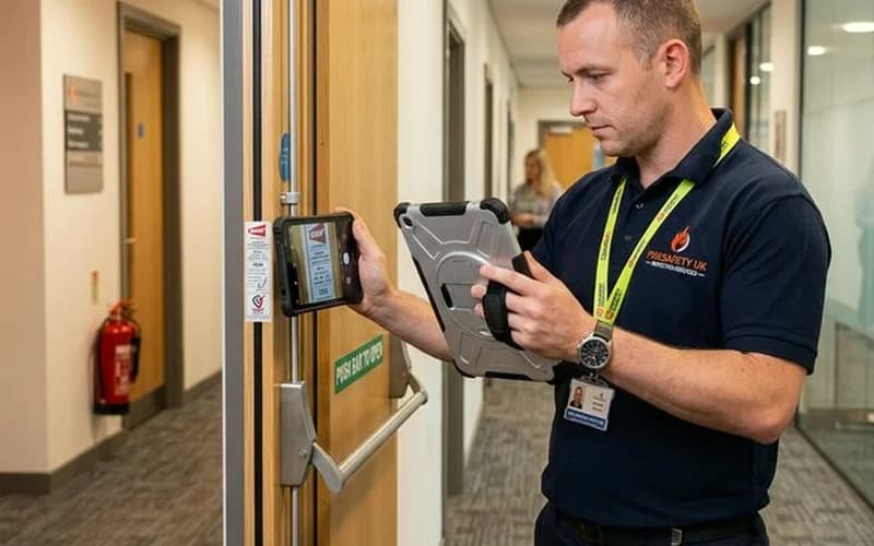 Fire door survey — inspector with tablet documenting fire door condition