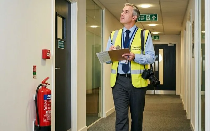 Fire risk assessment — assessor reviewing fire safety in a UK commercial building